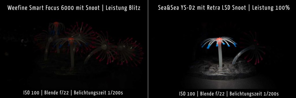 Vergleich der Helligkeit - WeeFine Smart Focus 6000 und Sea&Sea YS-D2 mit dem Retra Snoot